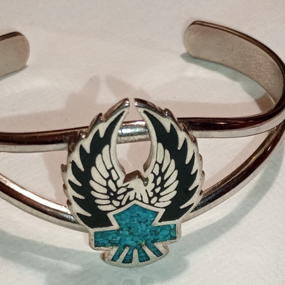 Vintage Silver Tone Eagle Shield Cuff/Crushed Gemstone Bracelet/Southwest Style